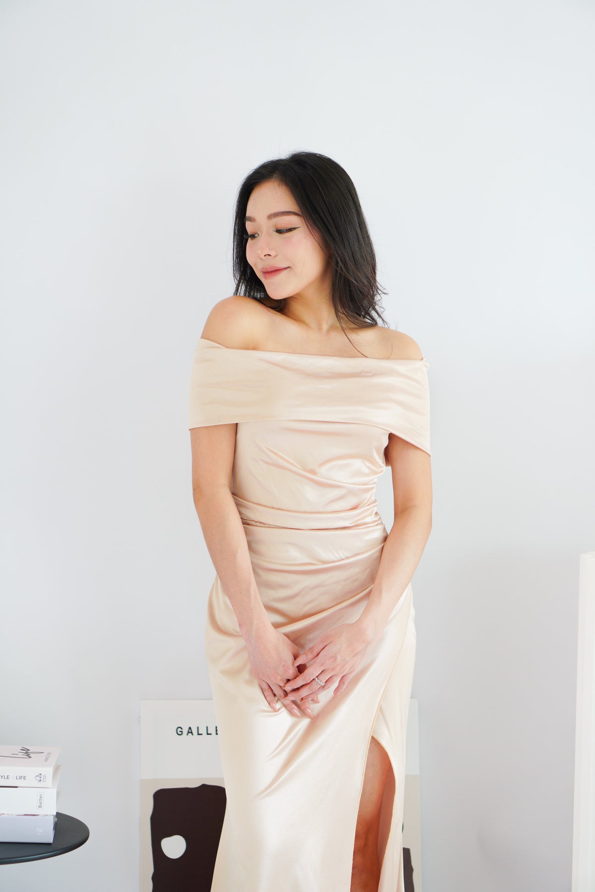 Zora Satin Off Shoulder Ruched Maxi Dress in Champagne