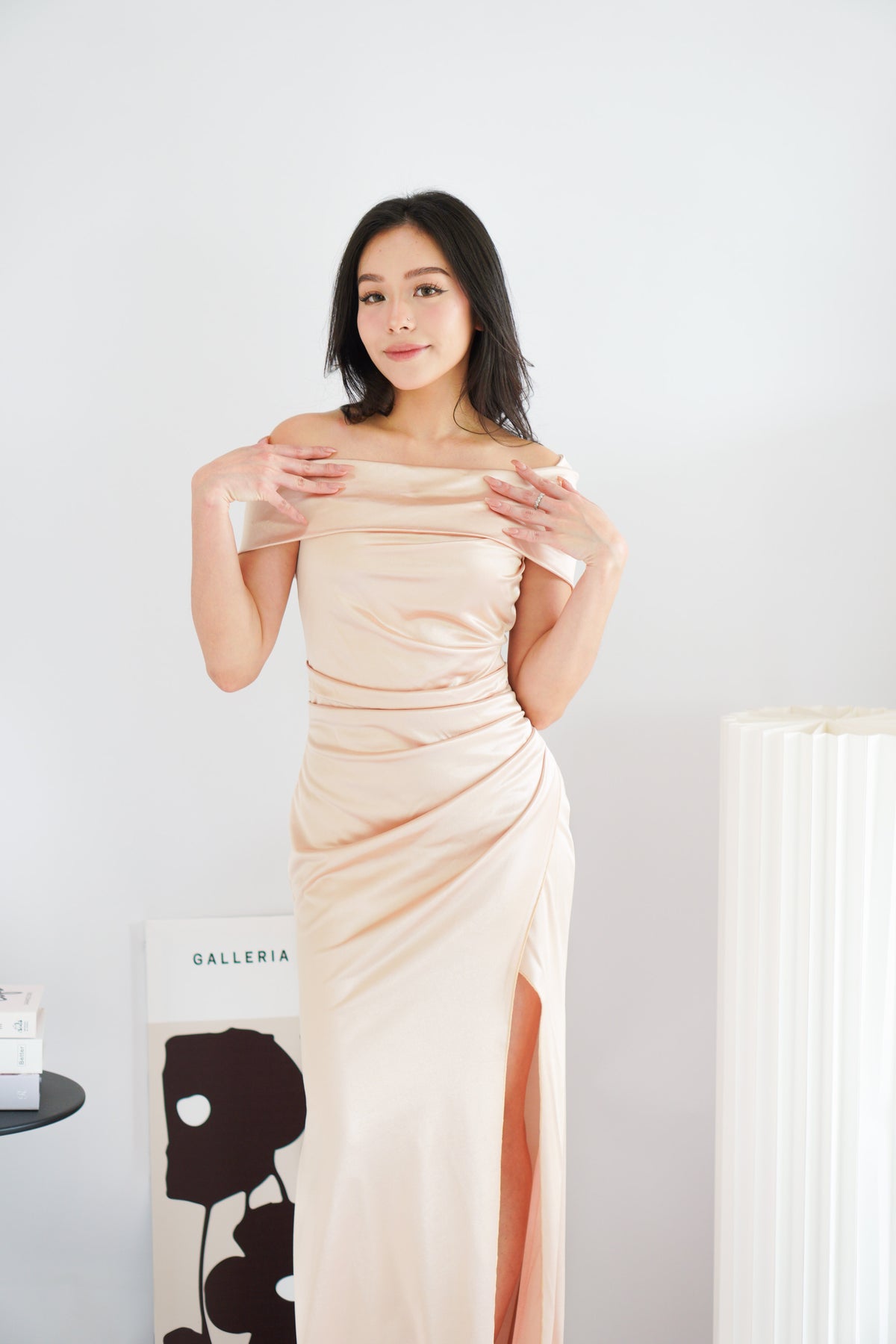 Zora Satin Off Shoulder Ruched Maxi Dress in Champagne