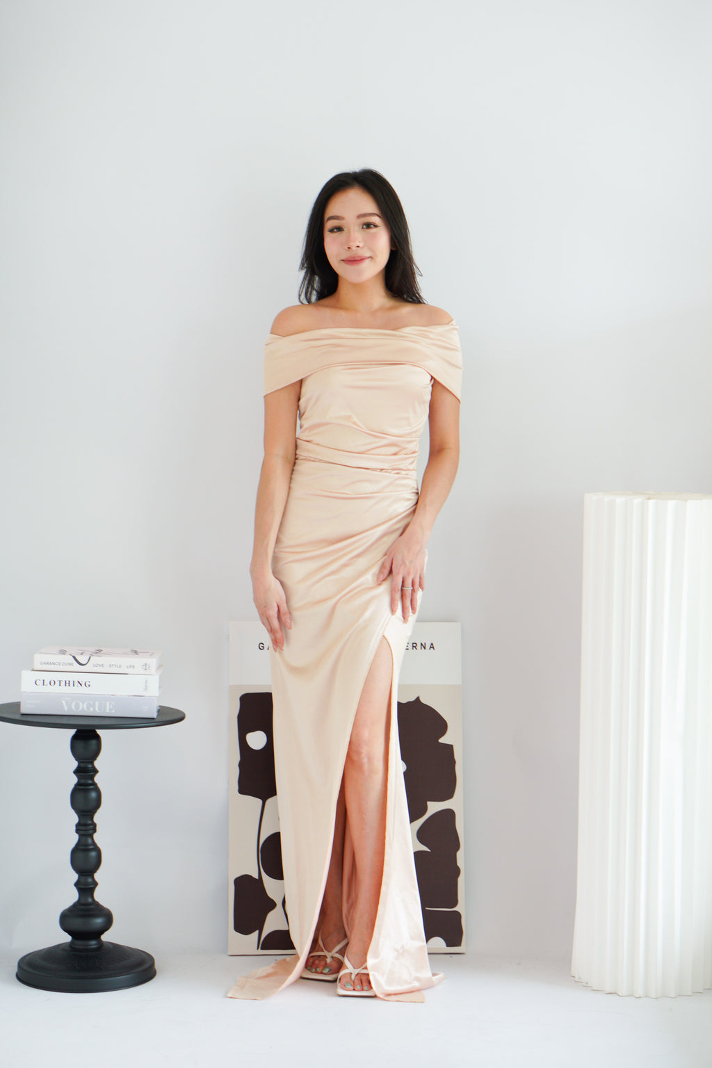 Zora Satin Off Shoulder Ruched Maxi Dress in Champagne