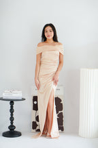 Zora Satin Off Shoulder Ruched Maxi Dress in Champagne