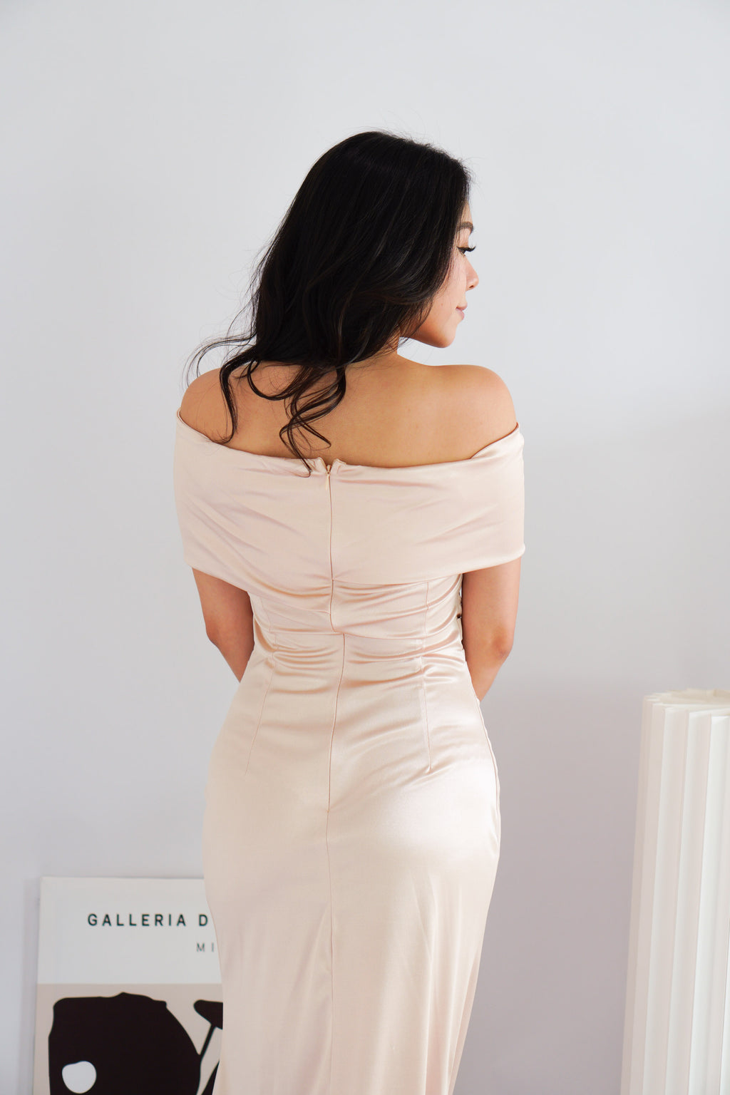 Zora Satin Off Shoulder Ruched Maxi Dress in Champagne