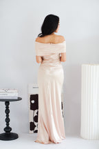Zora Satin Off Shoulder Ruched Maxi Dress in Champagne