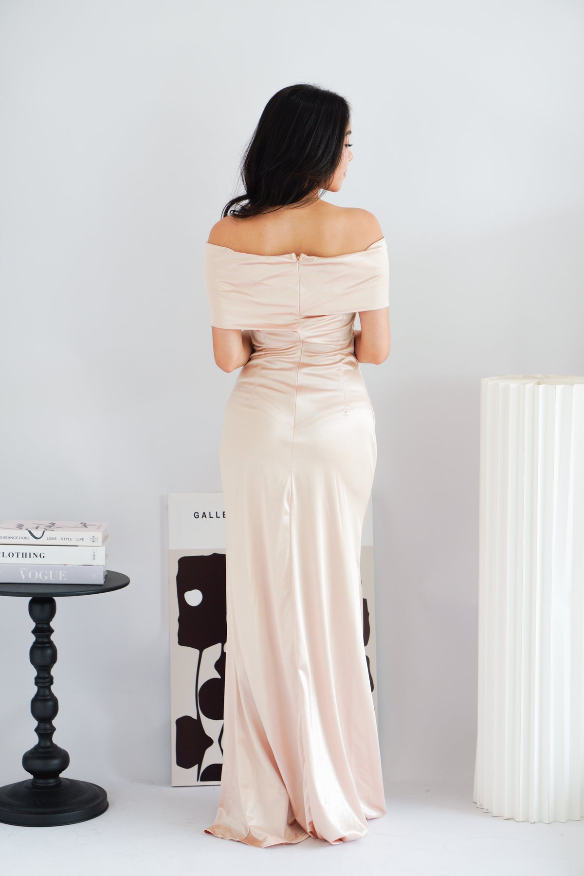 Zora Satin Off Shoulder Ruched Maxi Dress in Champagne