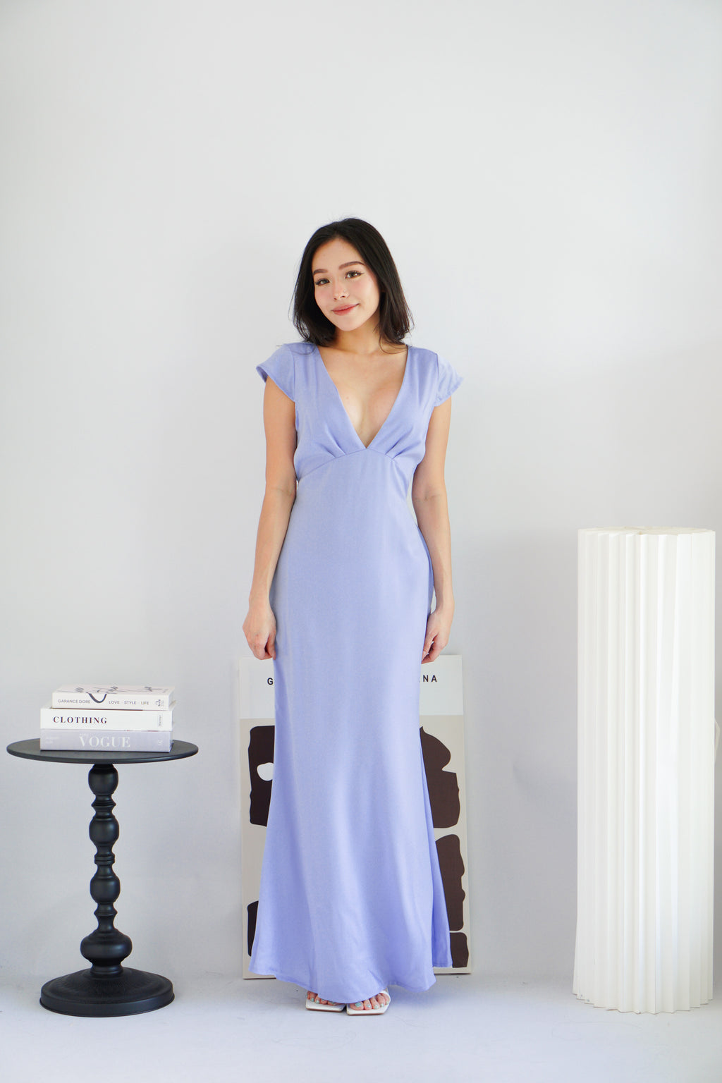 Raine Deep V Satin Cutout Dress in Light Blue