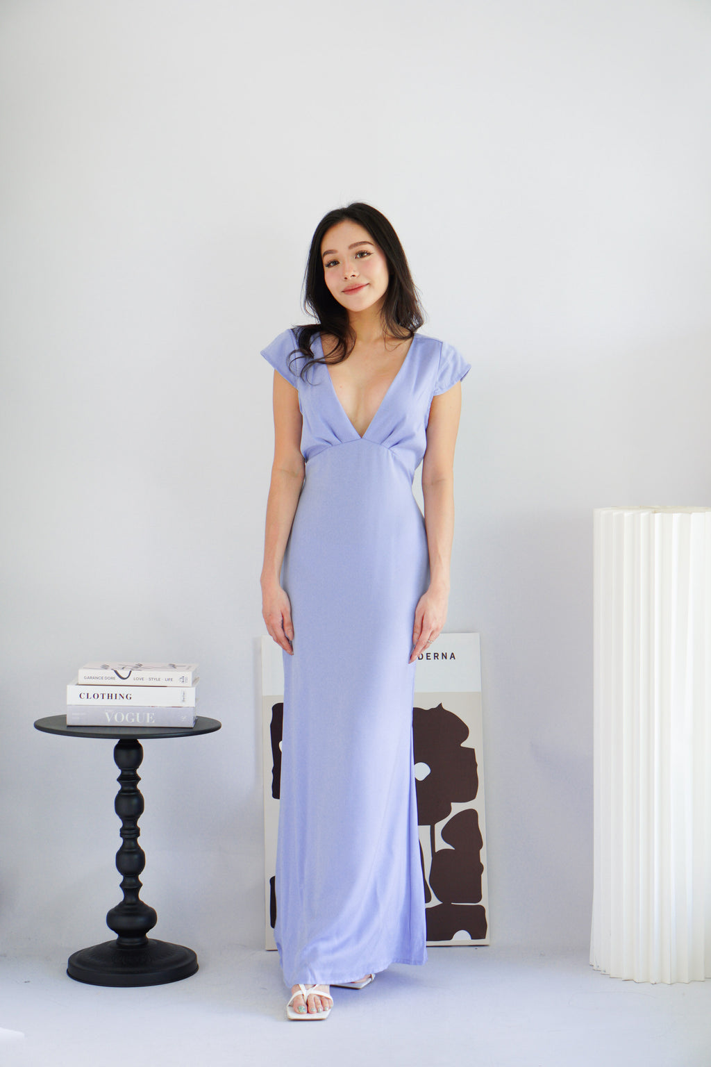 Raine Deep V Satin Cutout Dress in Light Blue