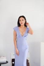 Raine Deep V Satin Cutout Dress in Light Blue