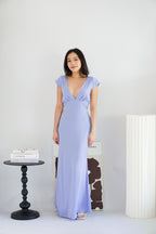 Raine Deep V Satin Cutout Dress in Light Blue