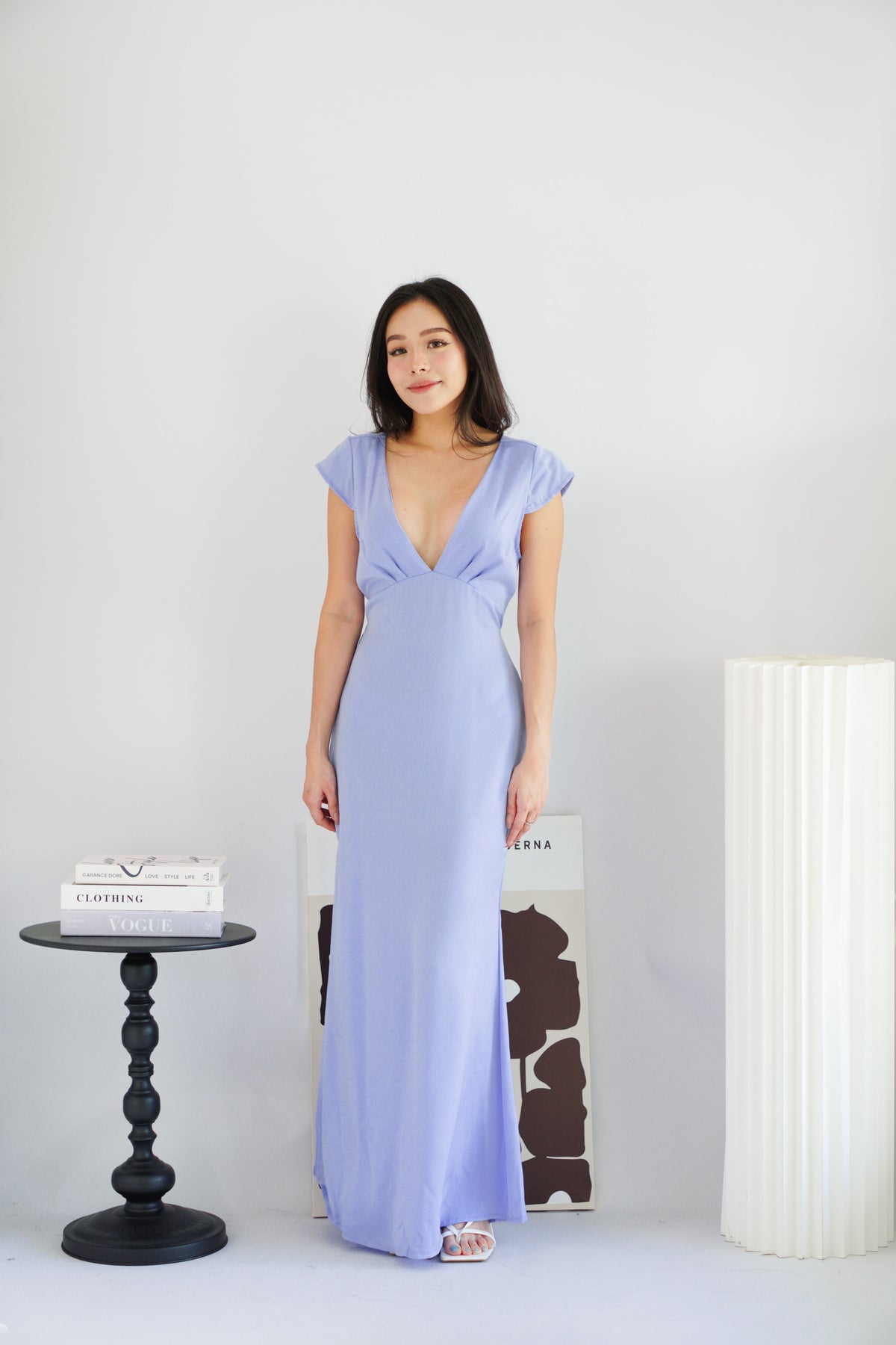 Raine Deep V Satin Cutout Dress in Light Blue