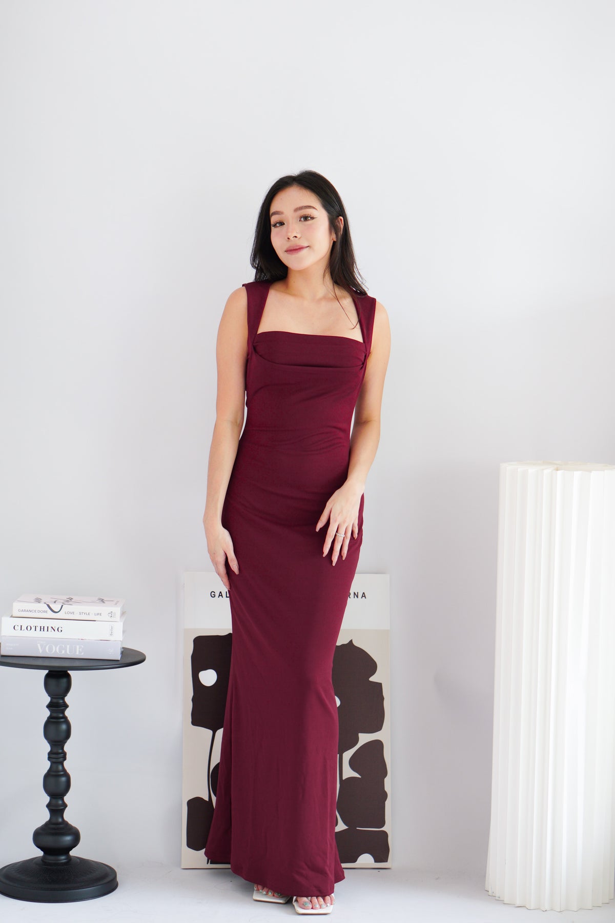 Disa Square Neck Bodycon Maxi Dress in Dark Red