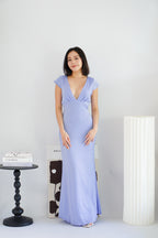 Raine Deep V Satin Cutout Dress in Light Blue