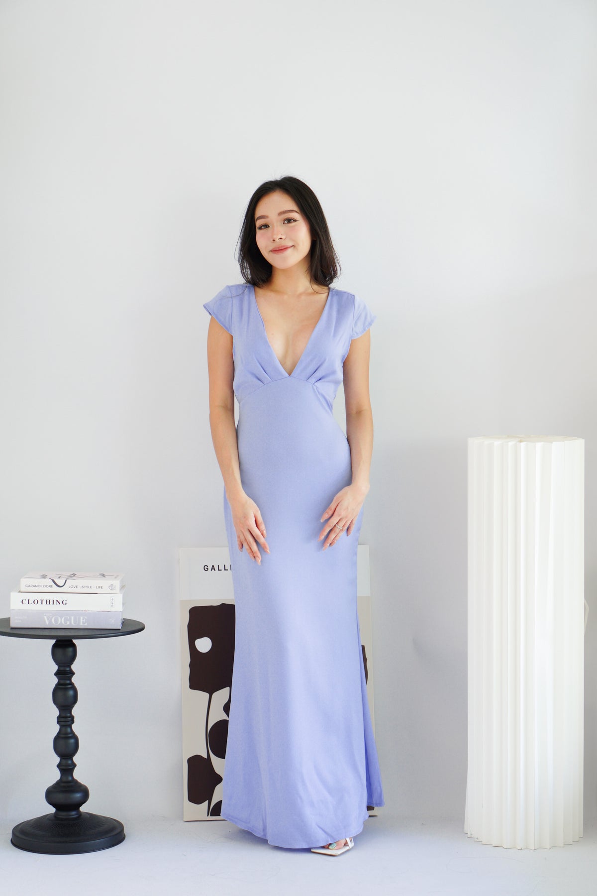 Raine Deep V Satin Cutout Dress in Light Blue