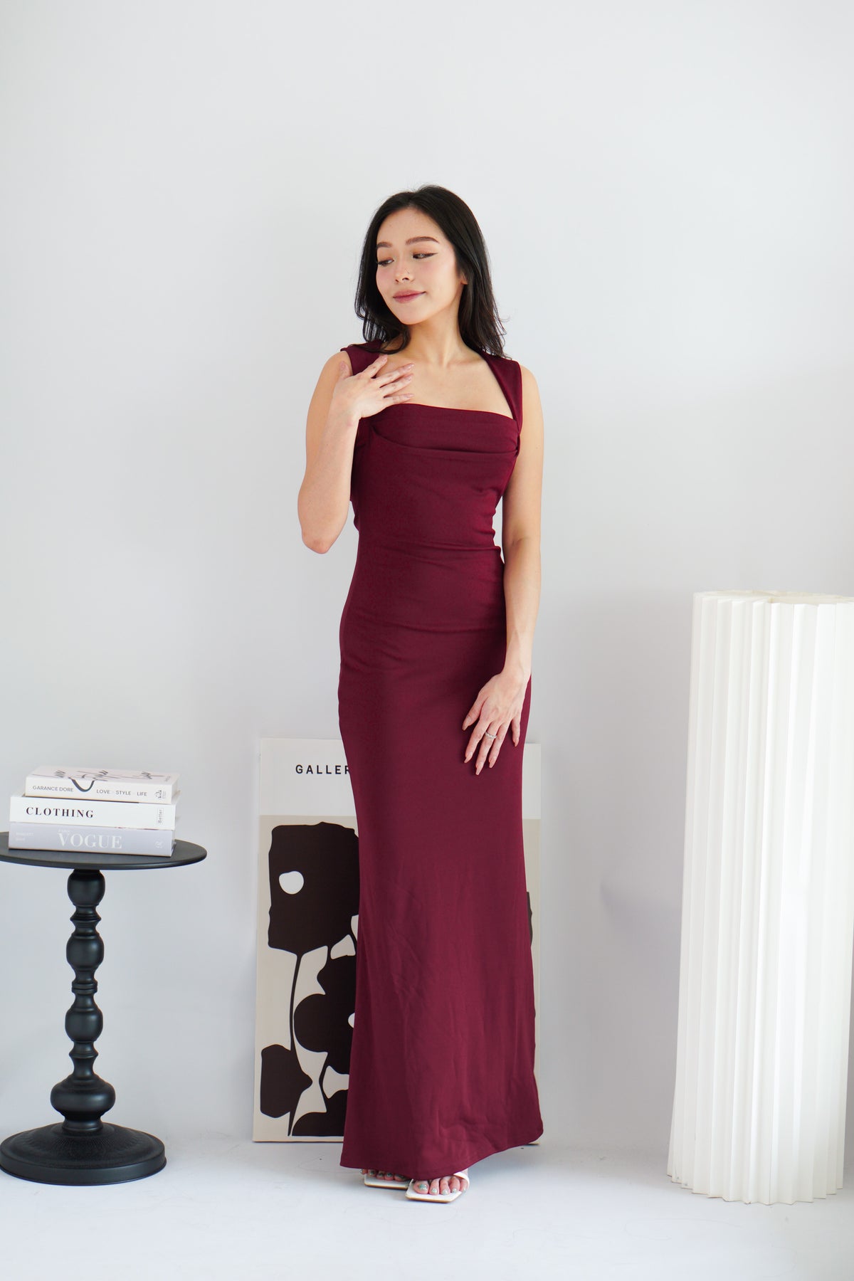 Disa Square Neck Bodycon Maxi Dress in Dark Red
