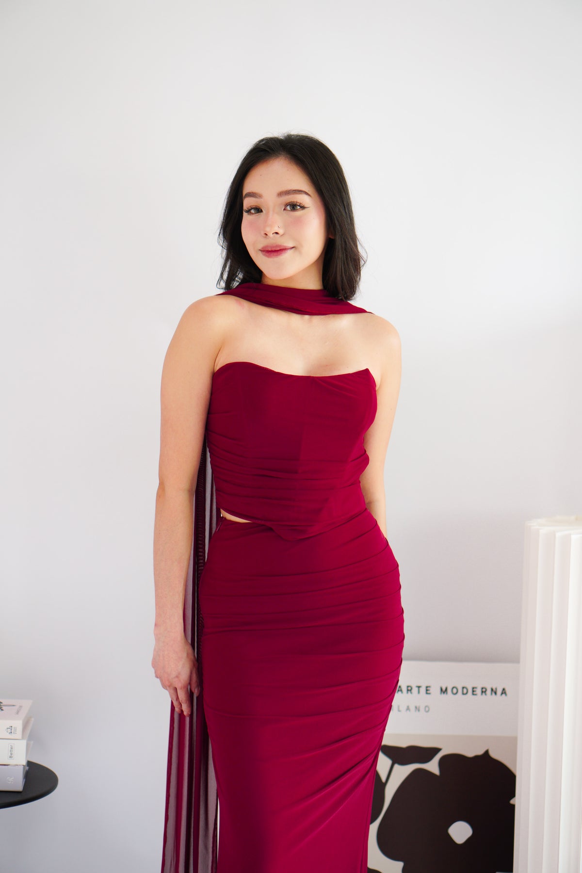 Roselune Corset 2 Piece Skirt Set with Sash in Red