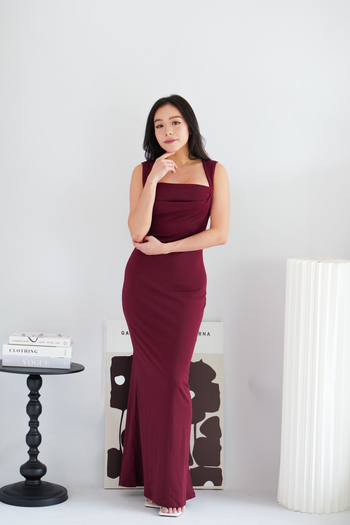 Disa Square Neck Bodycon Maxi Dress in Dark Red