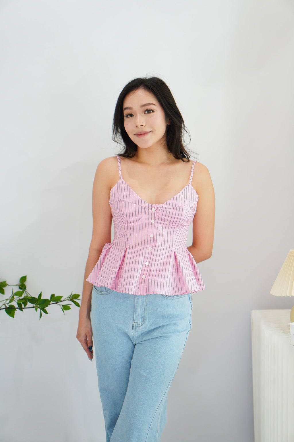 Olia Peplum Pleated Top in Pink Stripes