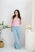 Olia Peplum Pleated Top in Pink Stripes