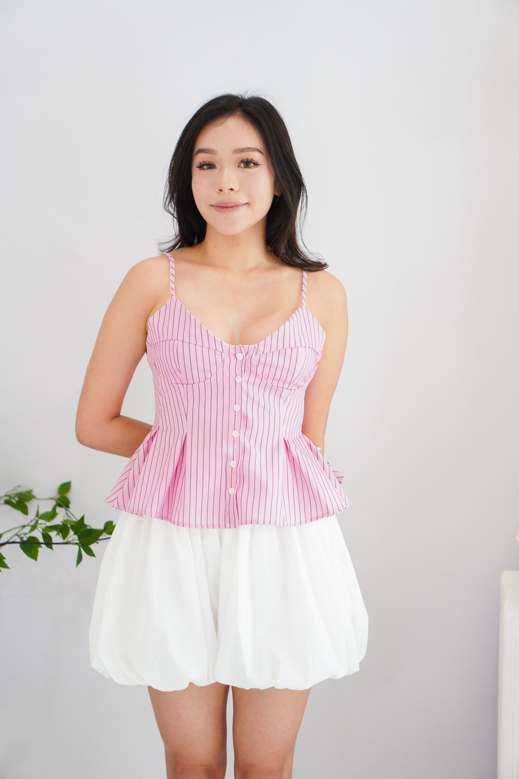 Olia Peplum Pleated Top in Pink Stripes