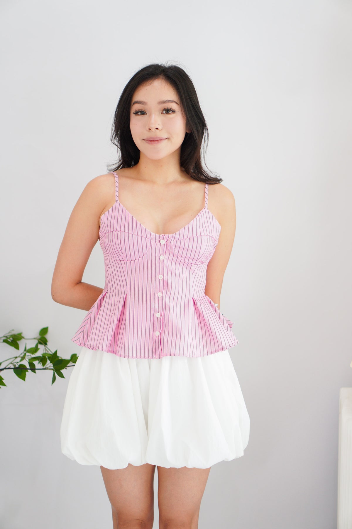 Olia Peplum Pleated Top in Pink Stripes