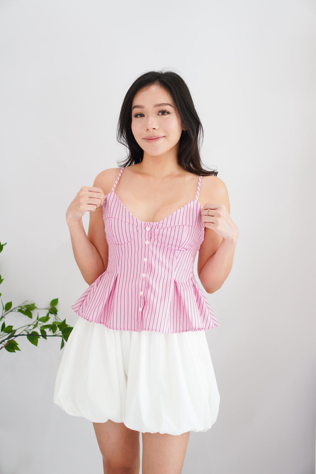 Olia Peplum Pleated Top in Pink Stripes