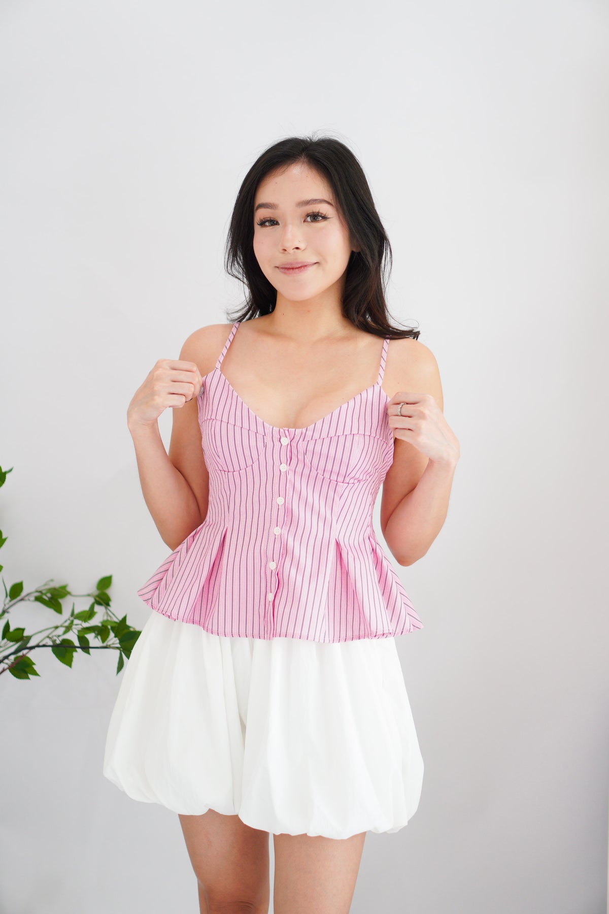 Olia Peplum Pleated Top in Pink Stripes