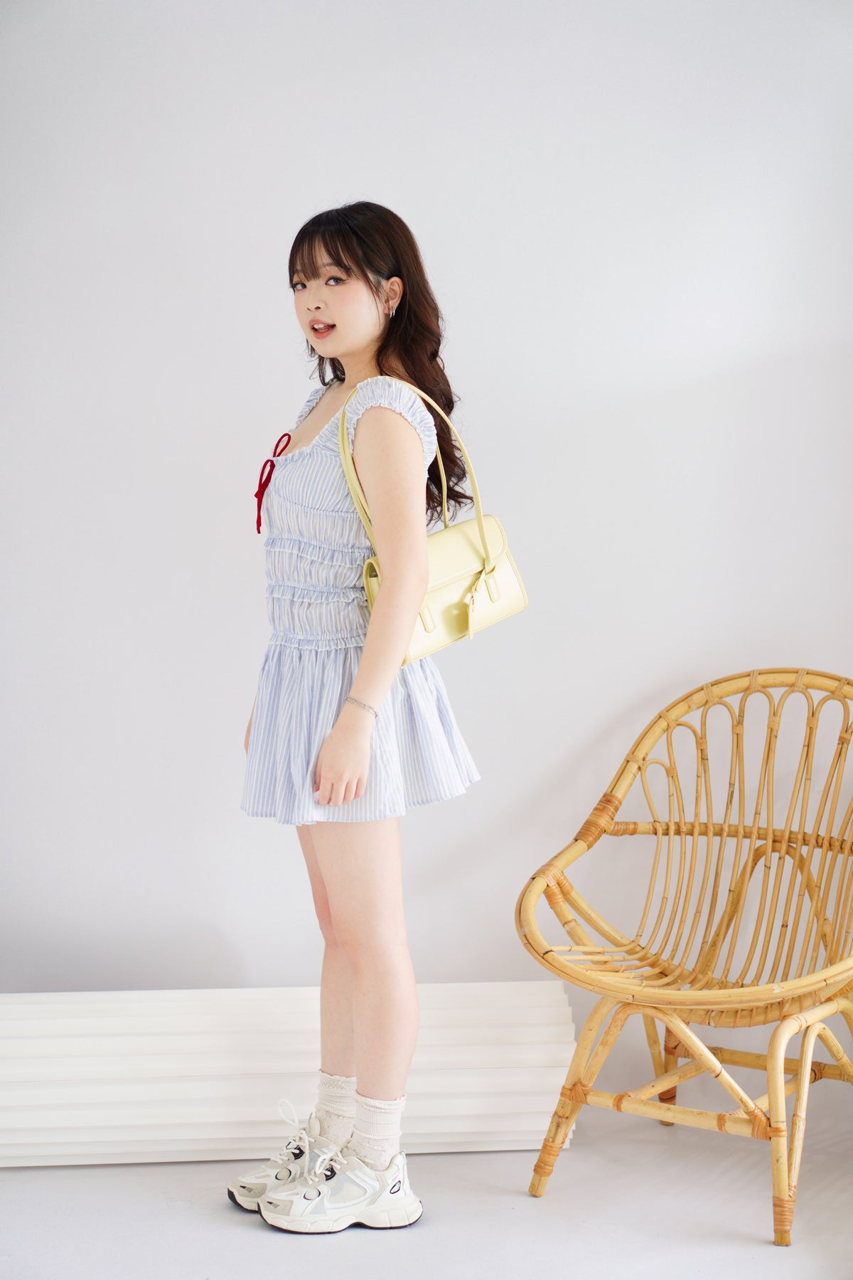 (BACKORDER) Zaza Mini Stripes Dress in Blue with Red Ribbon