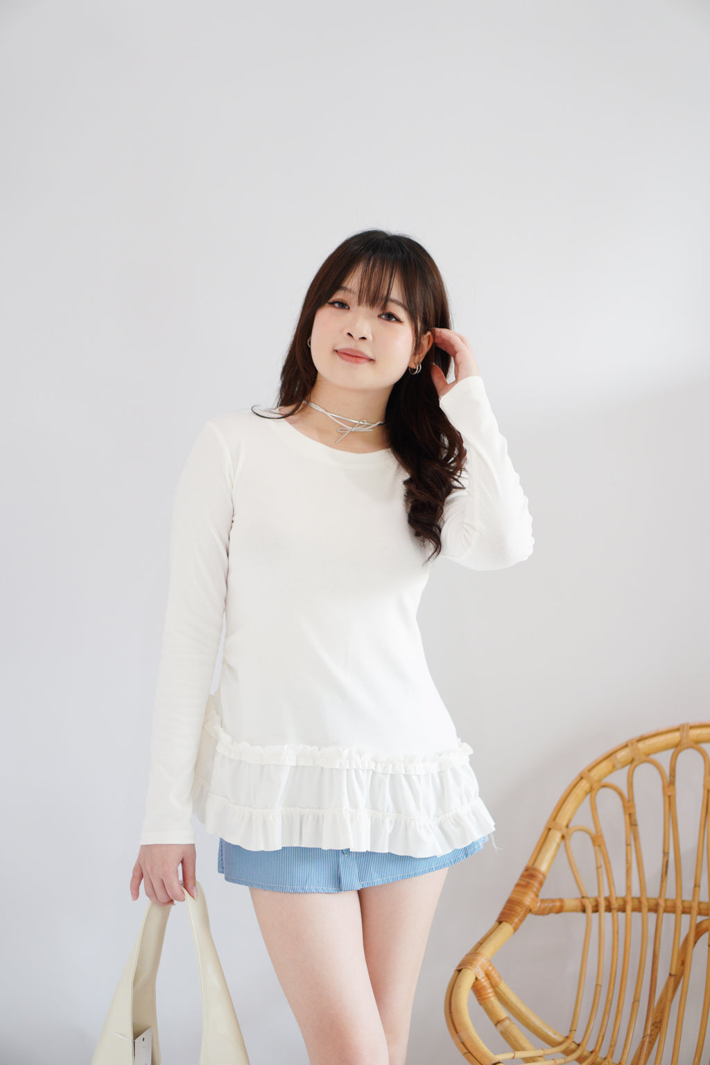 Berrina Long Sleeve Layered Ruffles Top in White