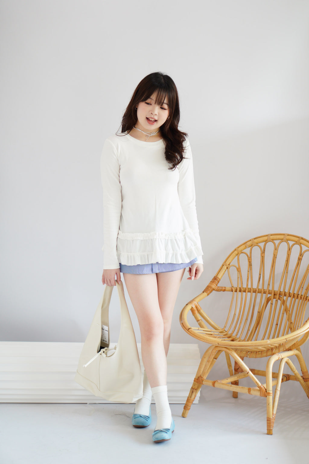 Berrina Long Sleeve Layered Ruffles Top in White