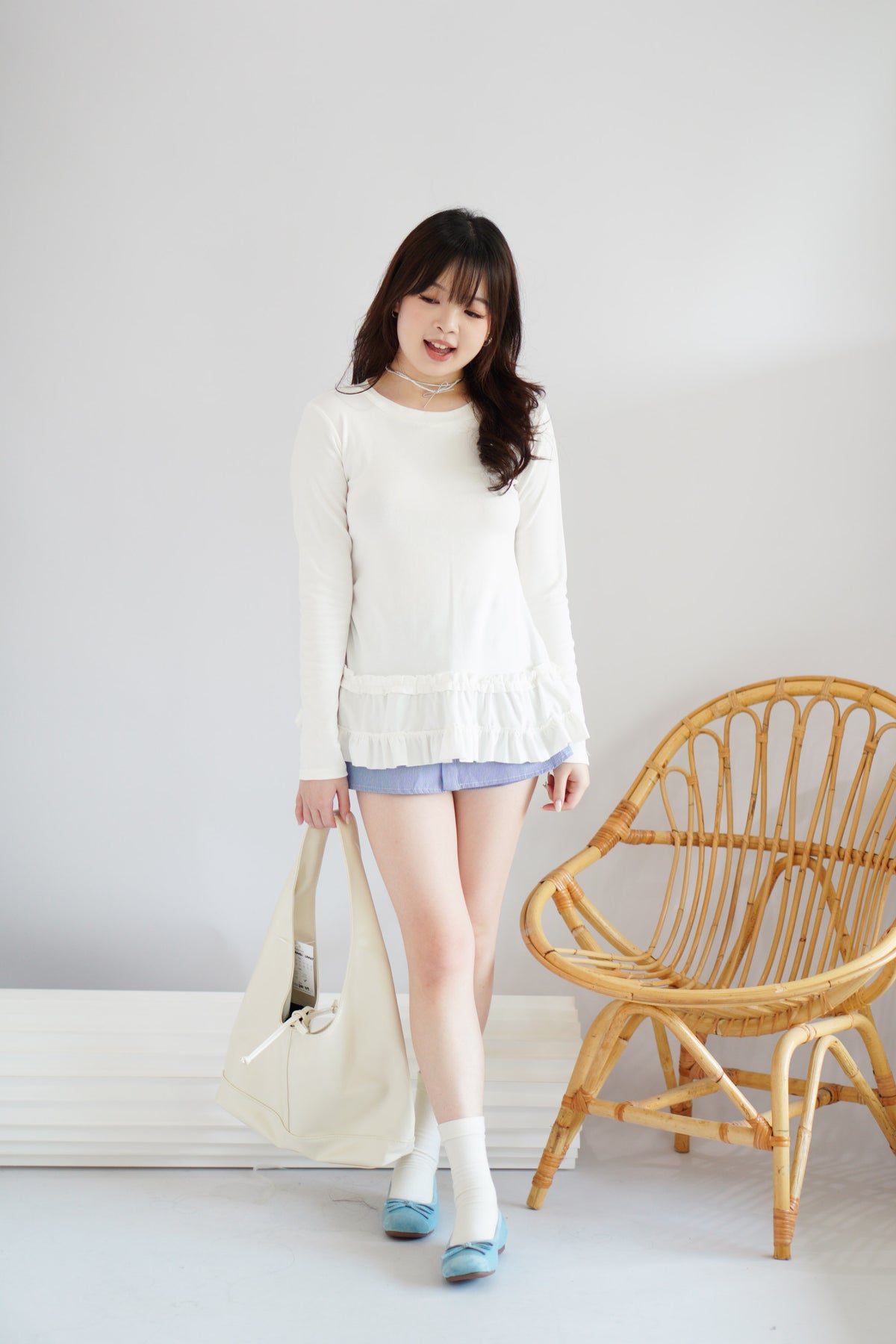 Berrina Long Sleeve Layered Ruffles Top in White