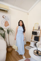 Seaki Gingham High Neck Smocked Maxi Dress in Blue