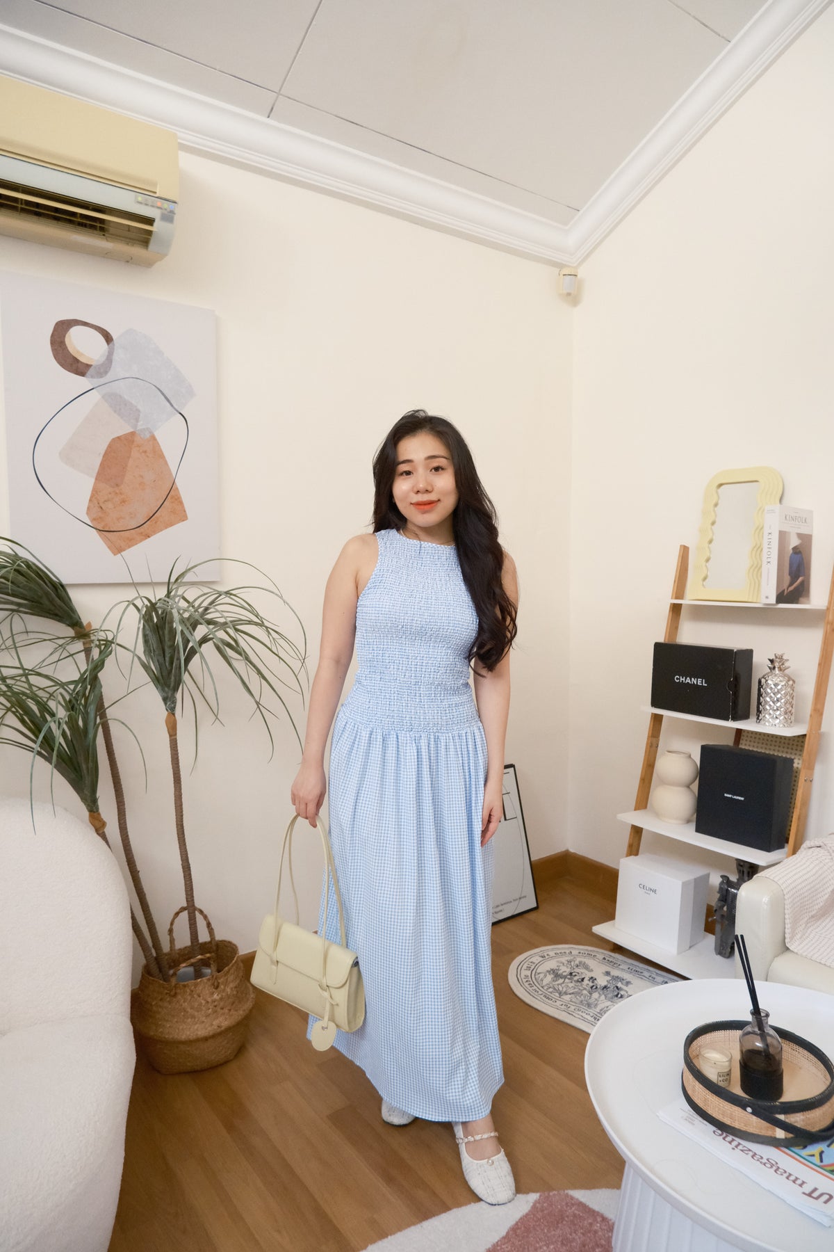 Seaki Gingham High Neck Smocked Maxi Dress in Blue
