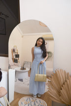 Seaki Gingham High Neck Smocked Maxi Dress in Blue