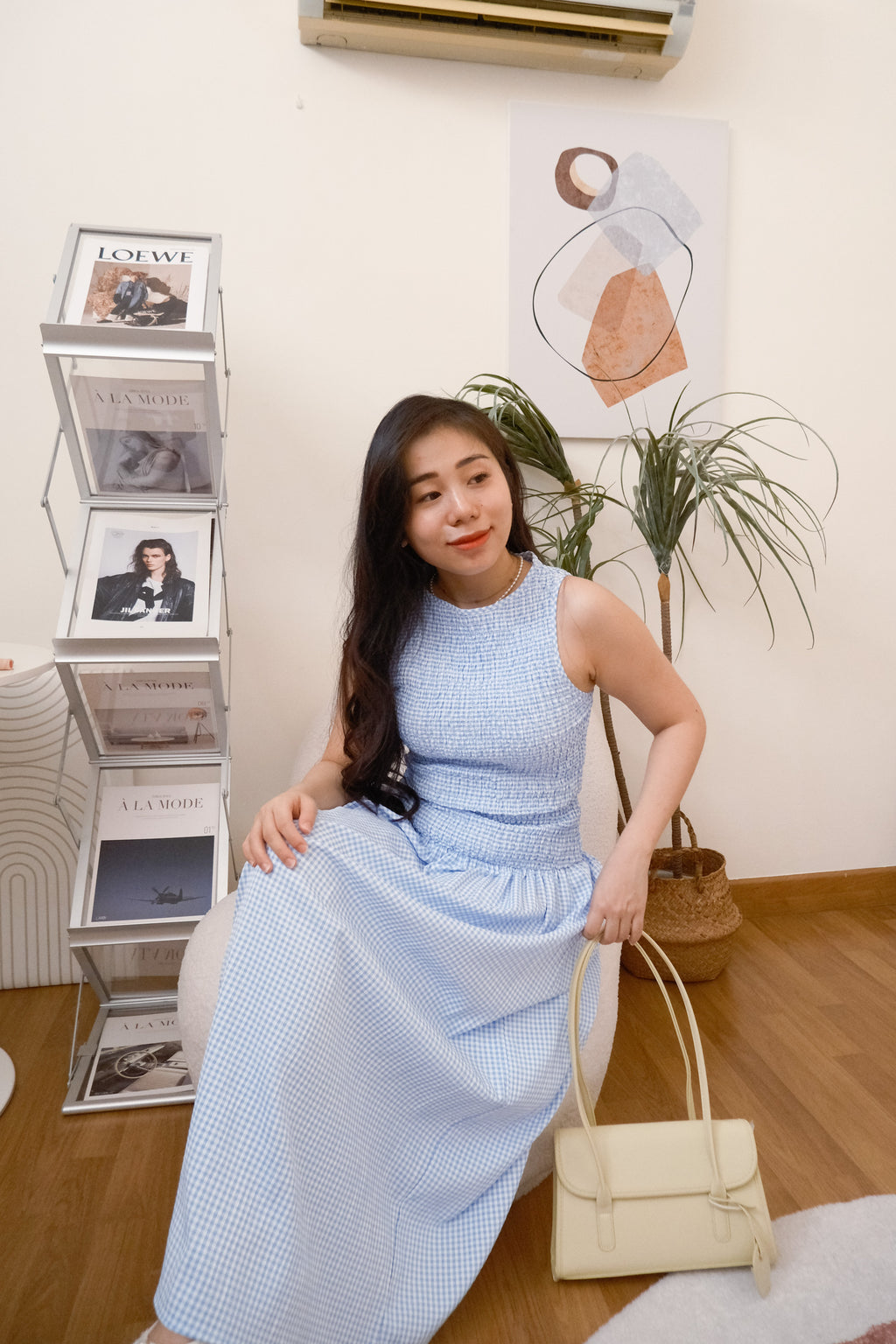 Seaki Gingham High Neck Smocked Maxi Dress in Blue