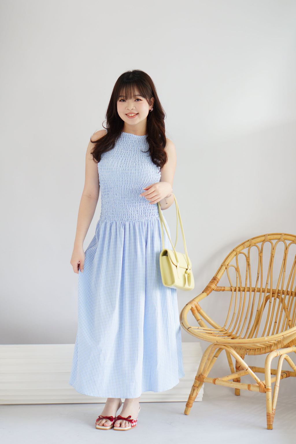 Seaki Gingham High Neck Smocked Maxi Dress in Blue