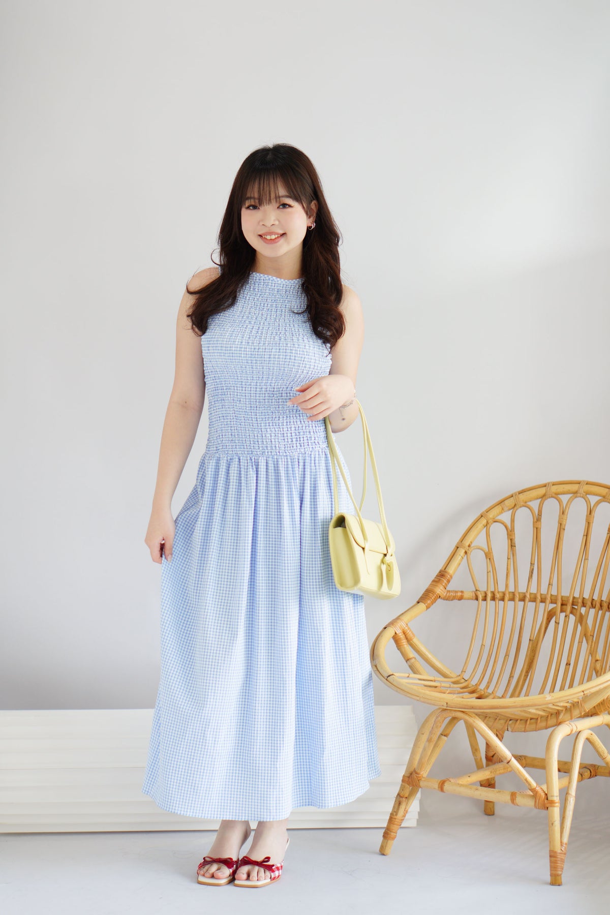 Seaki Gingham High Neck Smocked Maxi Dress in Blue
