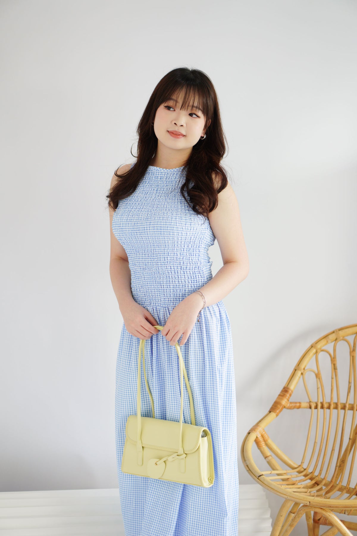 Seaki Gingham High Neck Smocked Maxi Dress in Blue