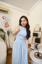 Seaki Gingham High Neck Smocked Maxi Dress in Blue