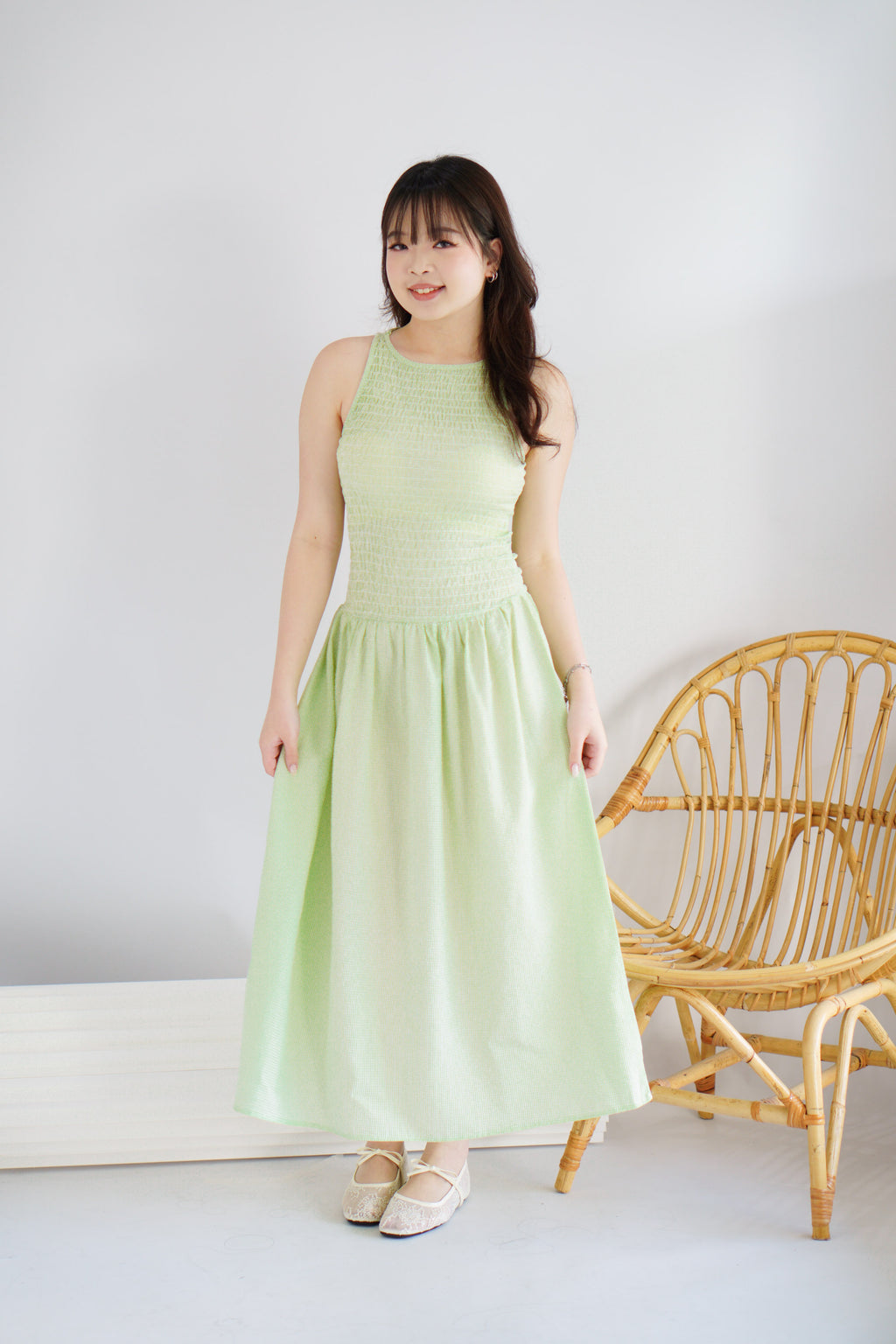 Caramelle Gingham High Neck Smocked Maxi Dress in Green