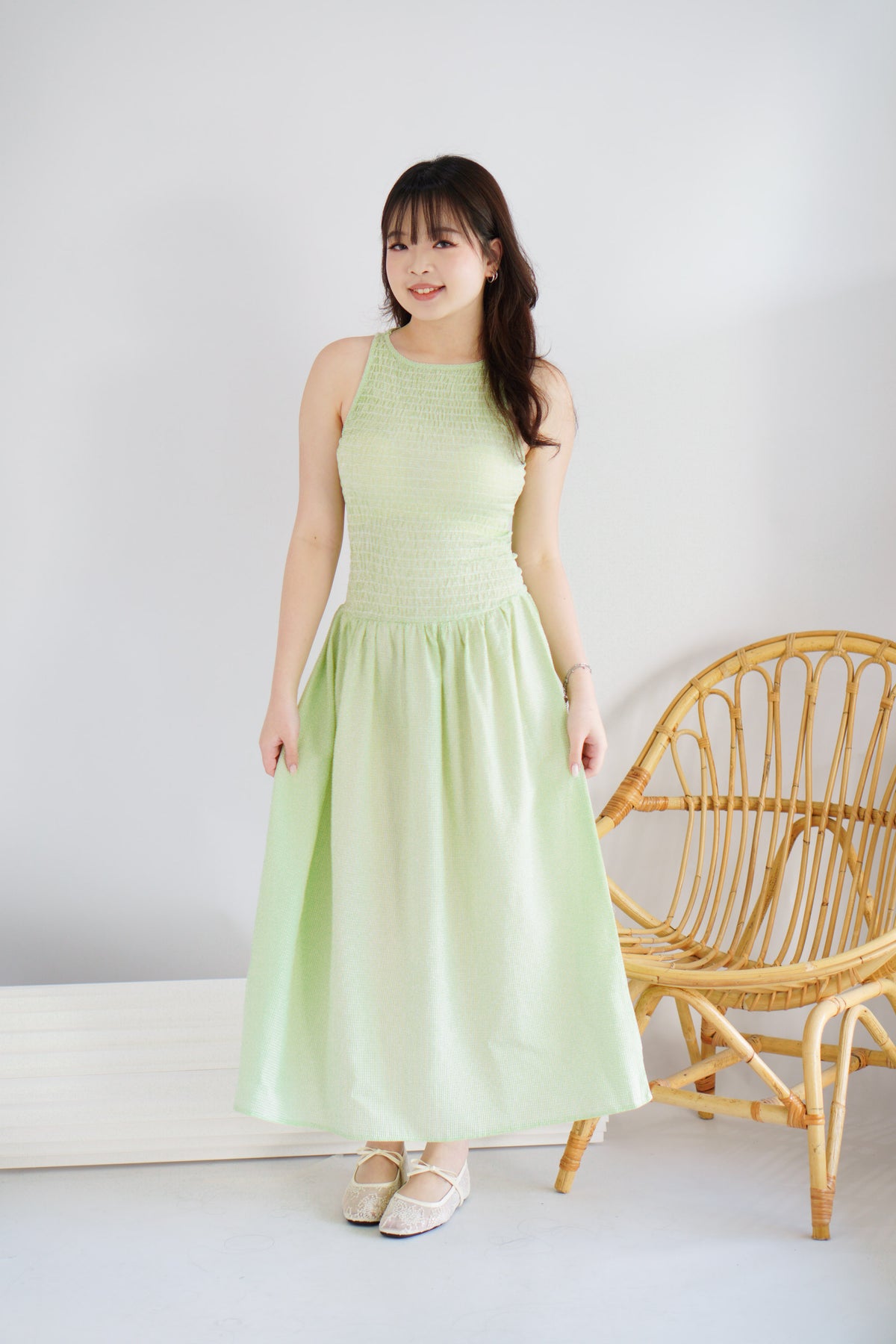 Caramelle Gingham High Neck Smocked Maxi Dress in Green