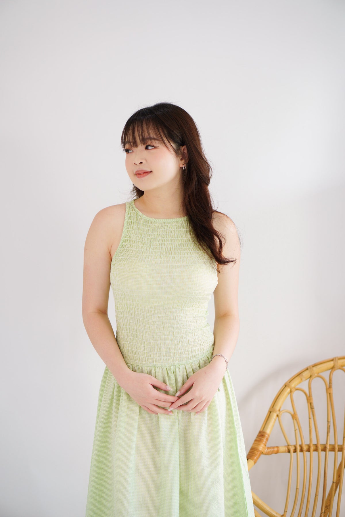Caramelle Gingham High Neck Smocked Maxi Dress in Green