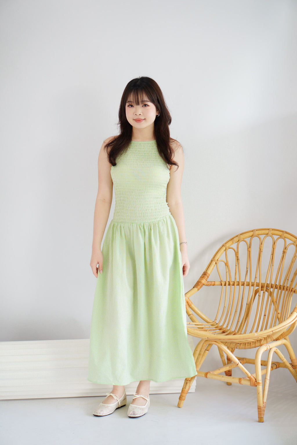Caramelle Gingham High Neck Smocked Maxi Dress in Green