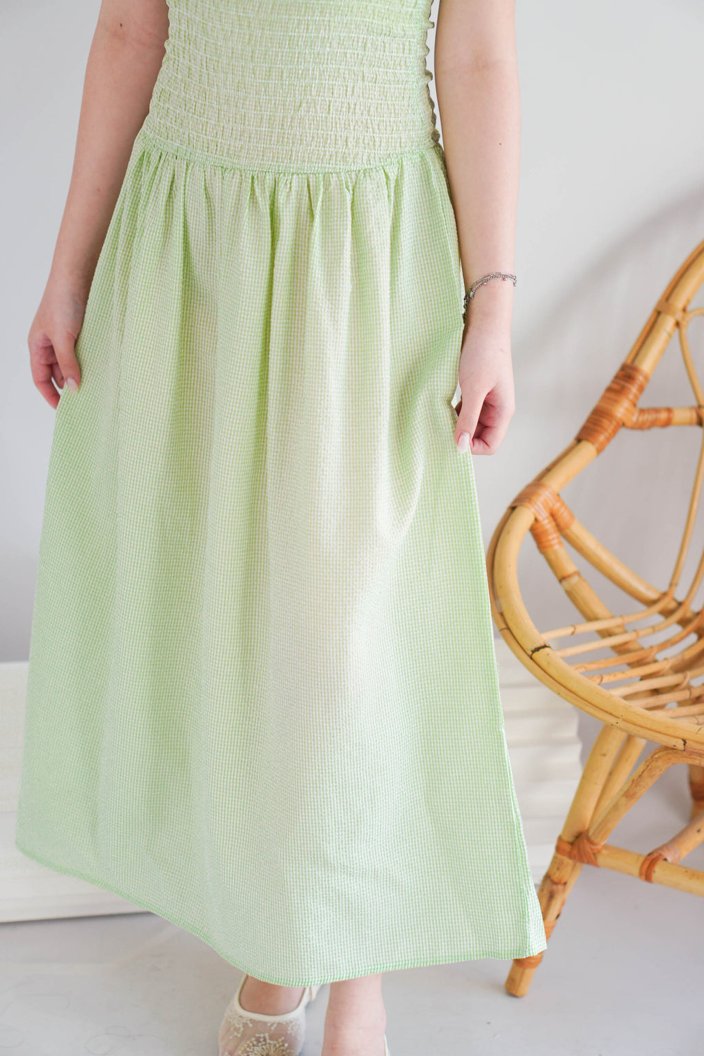 Caramelle Gingham High Neck Smocked Maxi Dress in Green