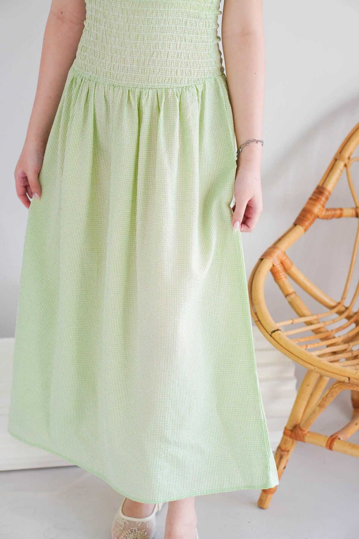 Caramelle Gingham High Neck Smocked Maxi Dress in Green