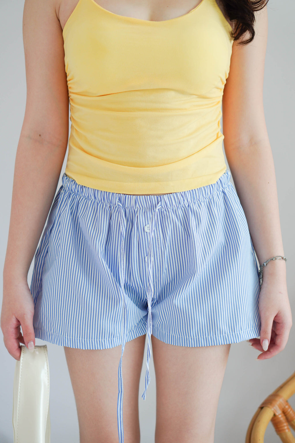 (BACKORDER) Bonbon Drawstring Lounge Shorts in Blue Stripes