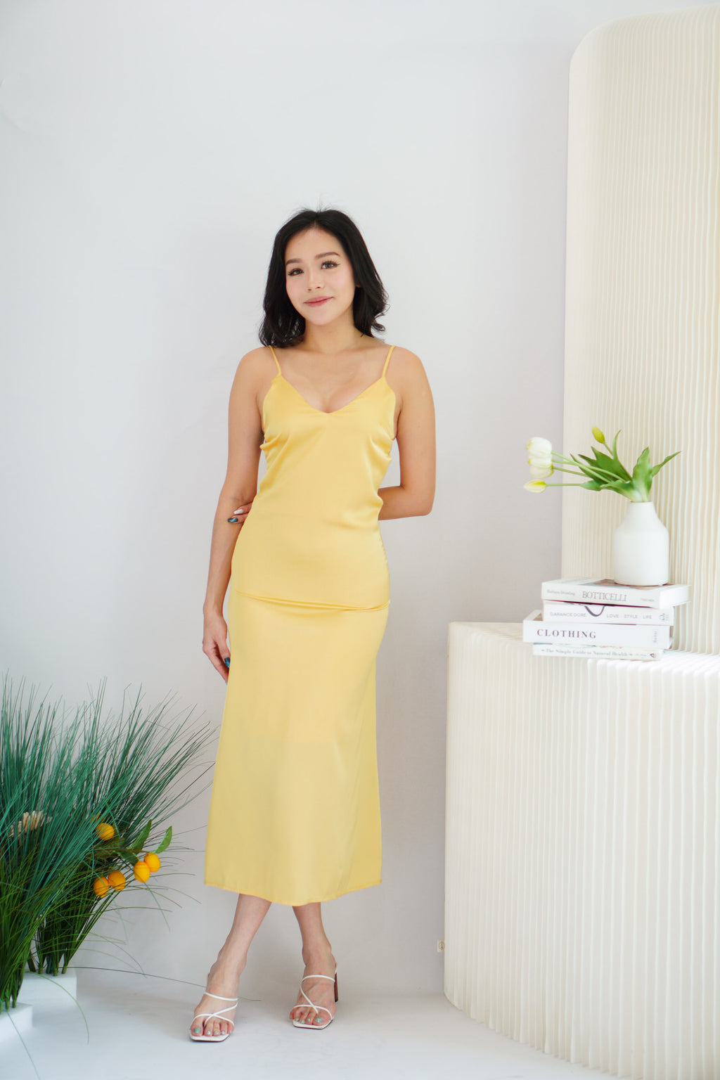 Andie Satin Deep V Bareback Dress in Yellow