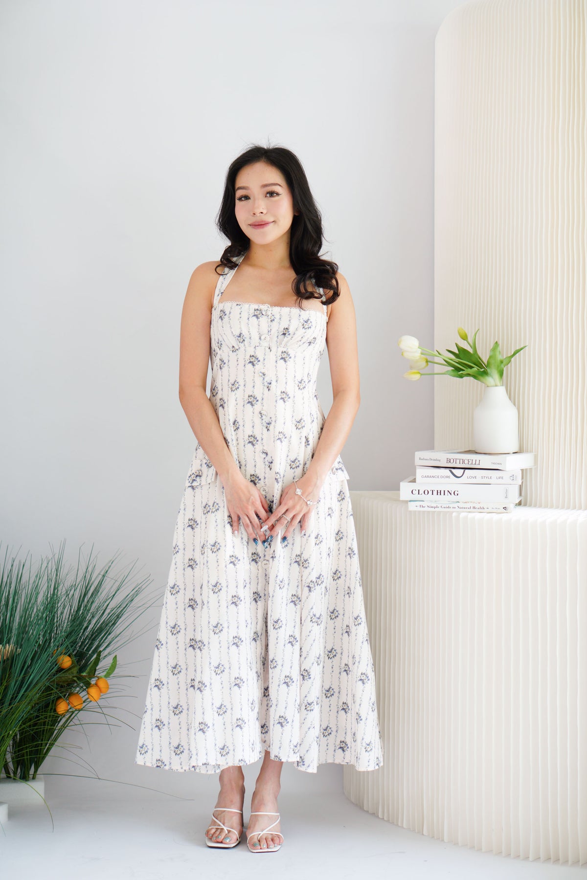 Vesira Halter Neck Floral Maxi A-Line Dress in White