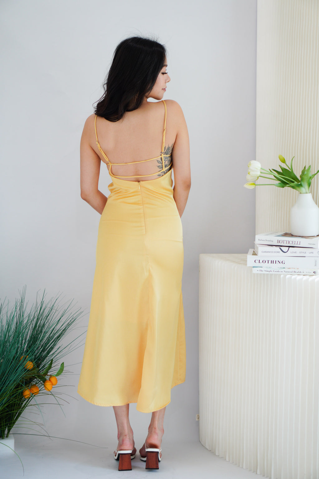 Andie Satin Deep V Bareback Dress in Yellow