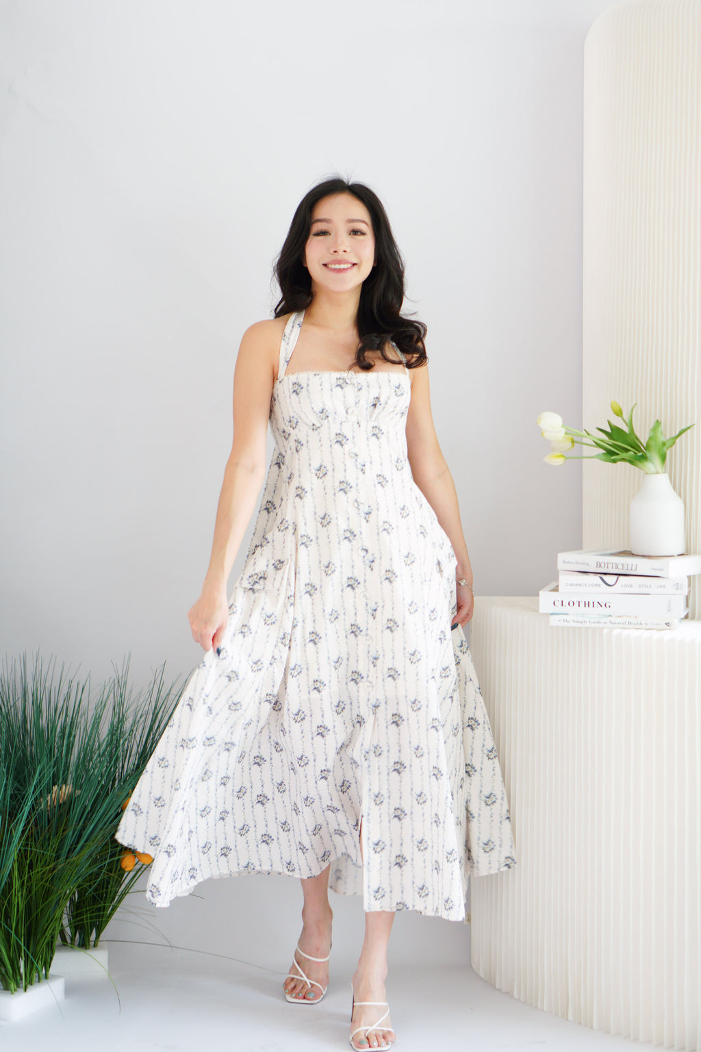 Vesira Halter Neck Floral Maxi A-Line Dress in White