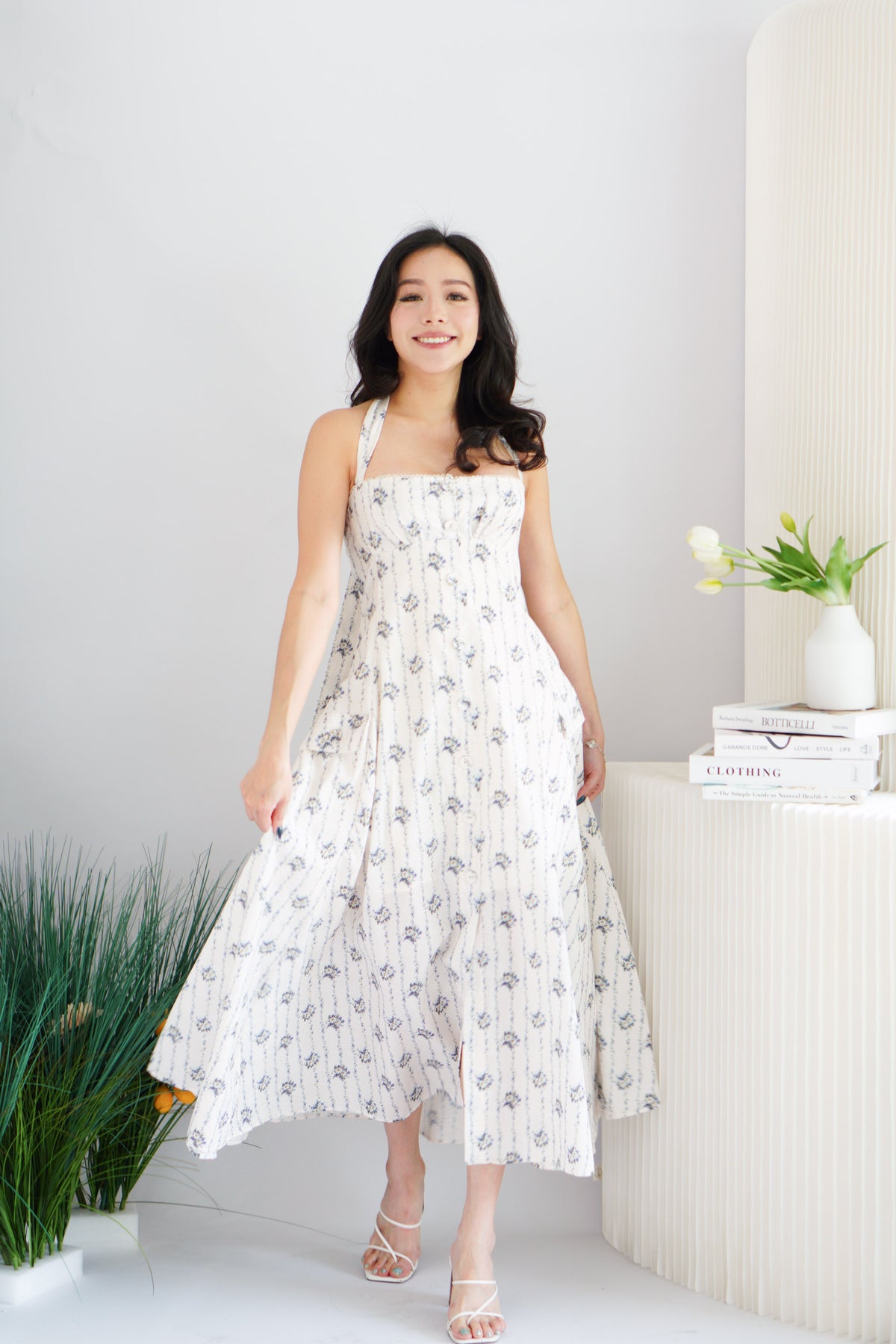 Vesira Halter Neck Floral Maxi A-Line Dress in White