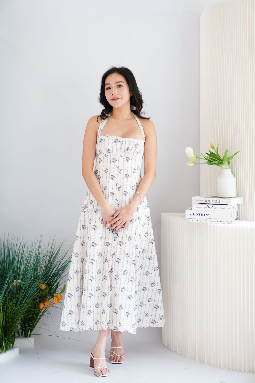 Vesira Halter Neck Floral Maxi A-Line Dress in White