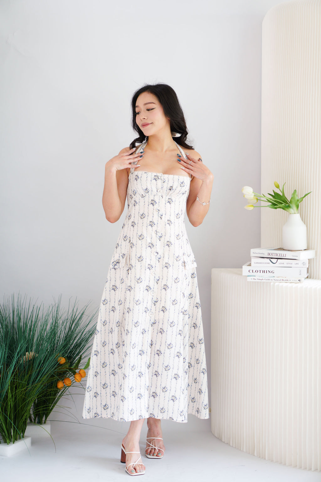 Vesira Halter Neck Floral Maxi A-Line Dress in White